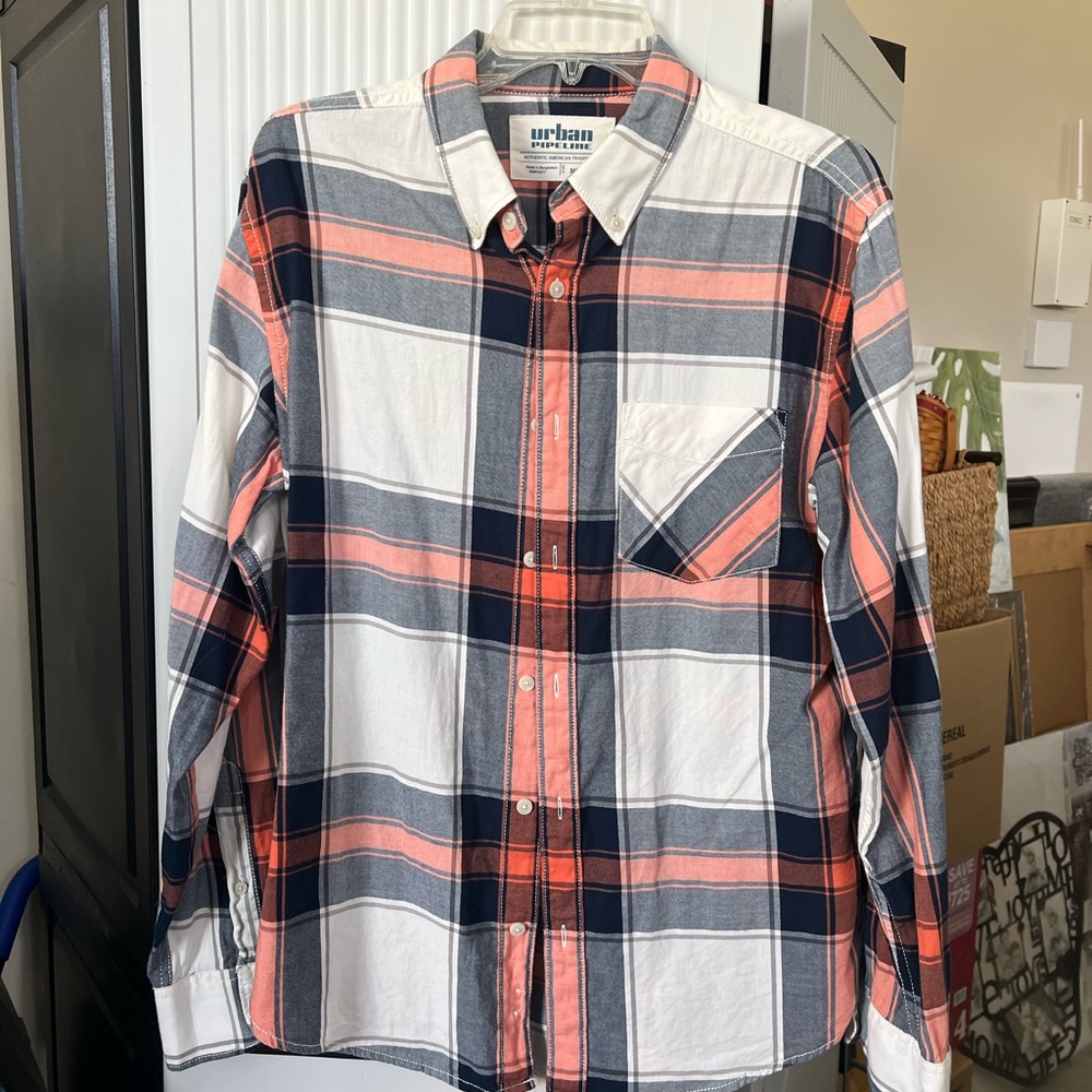 Urban Pipeline Men's Plaid Shirt - White, Blue, and Orange